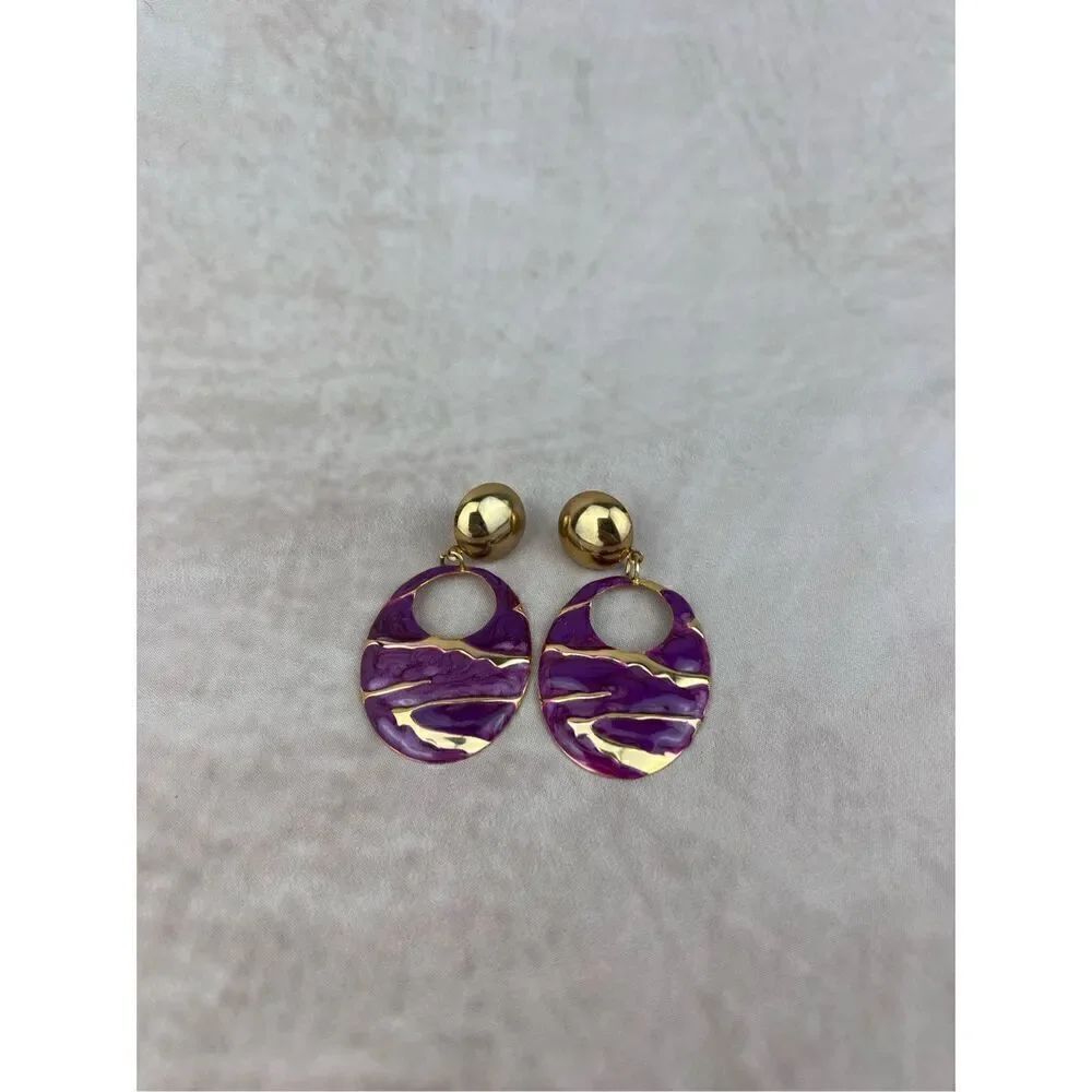 Vintage Swirl Purple and Gold Earrings 1980s 1990s